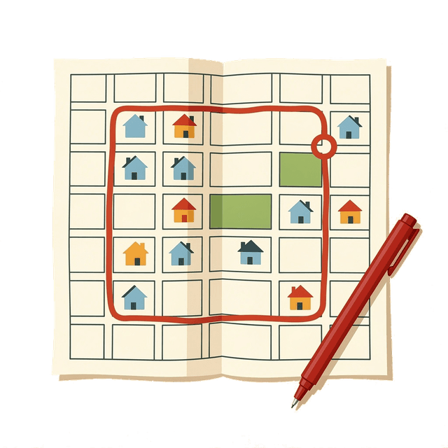 A paper map with a boundary route drawn around several houses in red ink