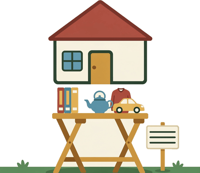 A folding table set up in front of a house with books, a teapot, and a folded sweater for sale