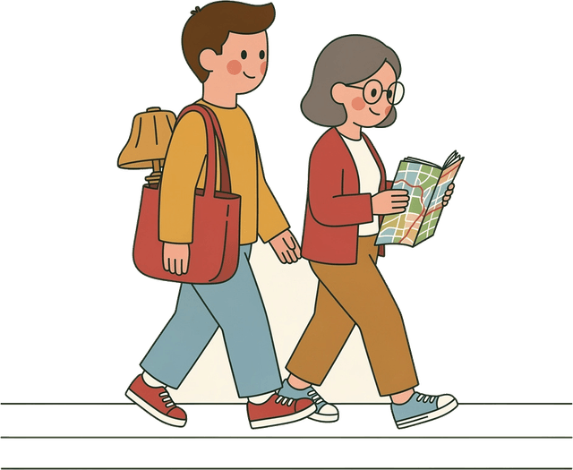 Two shoppers walking together with a paper map and a tote bag of finds